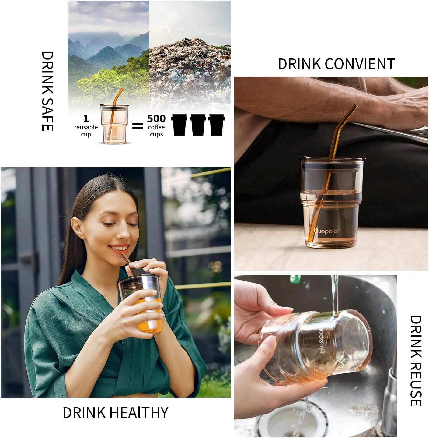 13oz/400ml Glass Water Tumbler with Straw and Lid Sealed Carry On Thick Wall Iced Coffee Cup Glass Cup for Water, Iced Tea Fruit Juice Etc (Amber,2Pack