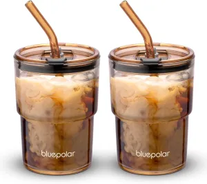 13oz/400ml Glass Water Tumbler with Straw and Lid Sealed Carry On Thick Wall Iced Coffee Cup Glass Cup for Water, Iced Tea Fruit Juice Etc (Amber,2Pack