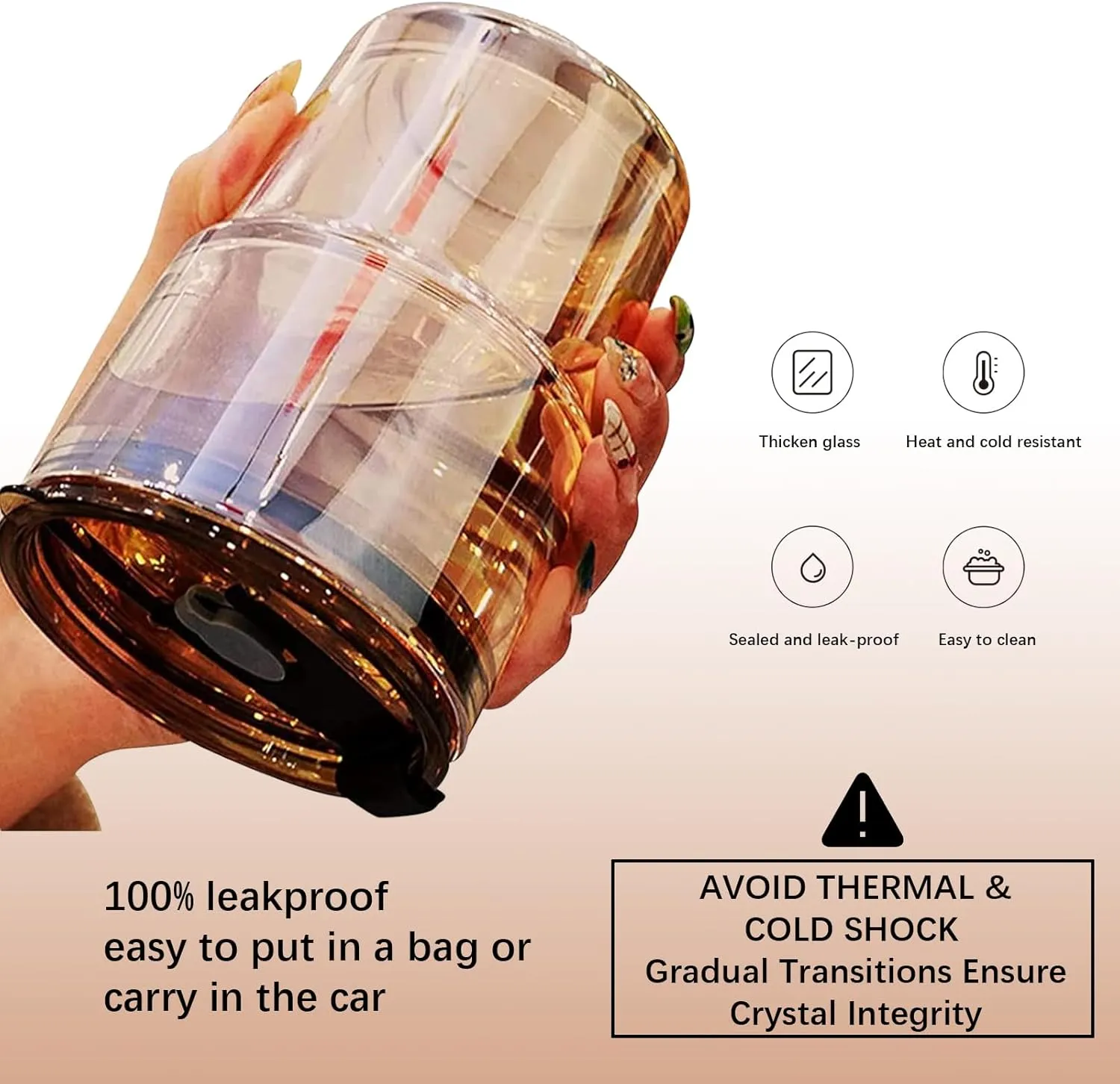 13oz/400ml Glass Water Tumbler with Straw and Lid Sealed Carry On Thick Wall Iced Coffee Cup Glass Cup for Water, Iced Tea Fruit Juice Etc (Amber,2Pack