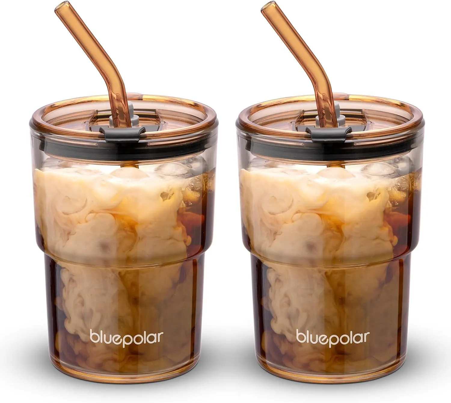 13oz/400ml Glass Water Tumbler with Straw and Lid Sealed Carry On Thick Wall Iced Coffee Cup Glass Cup for Water, Iced Tea Fruit Juice Etc (Amber,2Pack