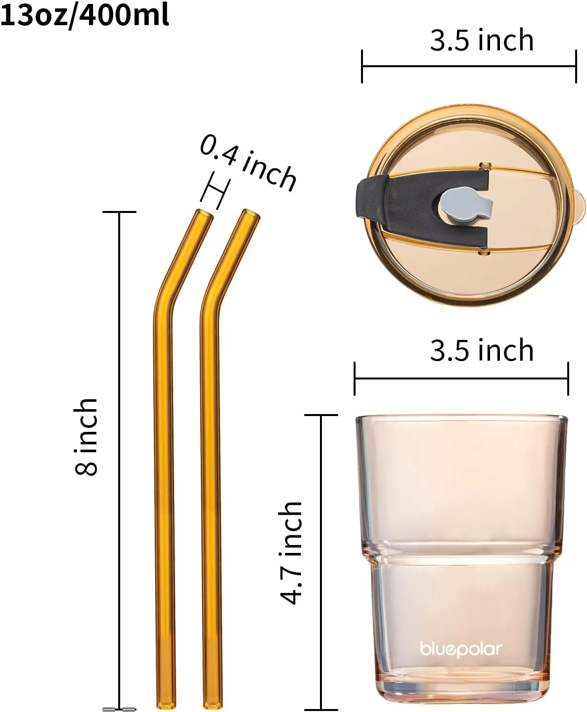 13oz/400ml Glass Water Tumbler with Straw and Lid Sealed Carry On Thick Wall Iced Coffee Cup Glass Cup for Water, Iced Tea Fruit Juice Etc (Amber,2Pack