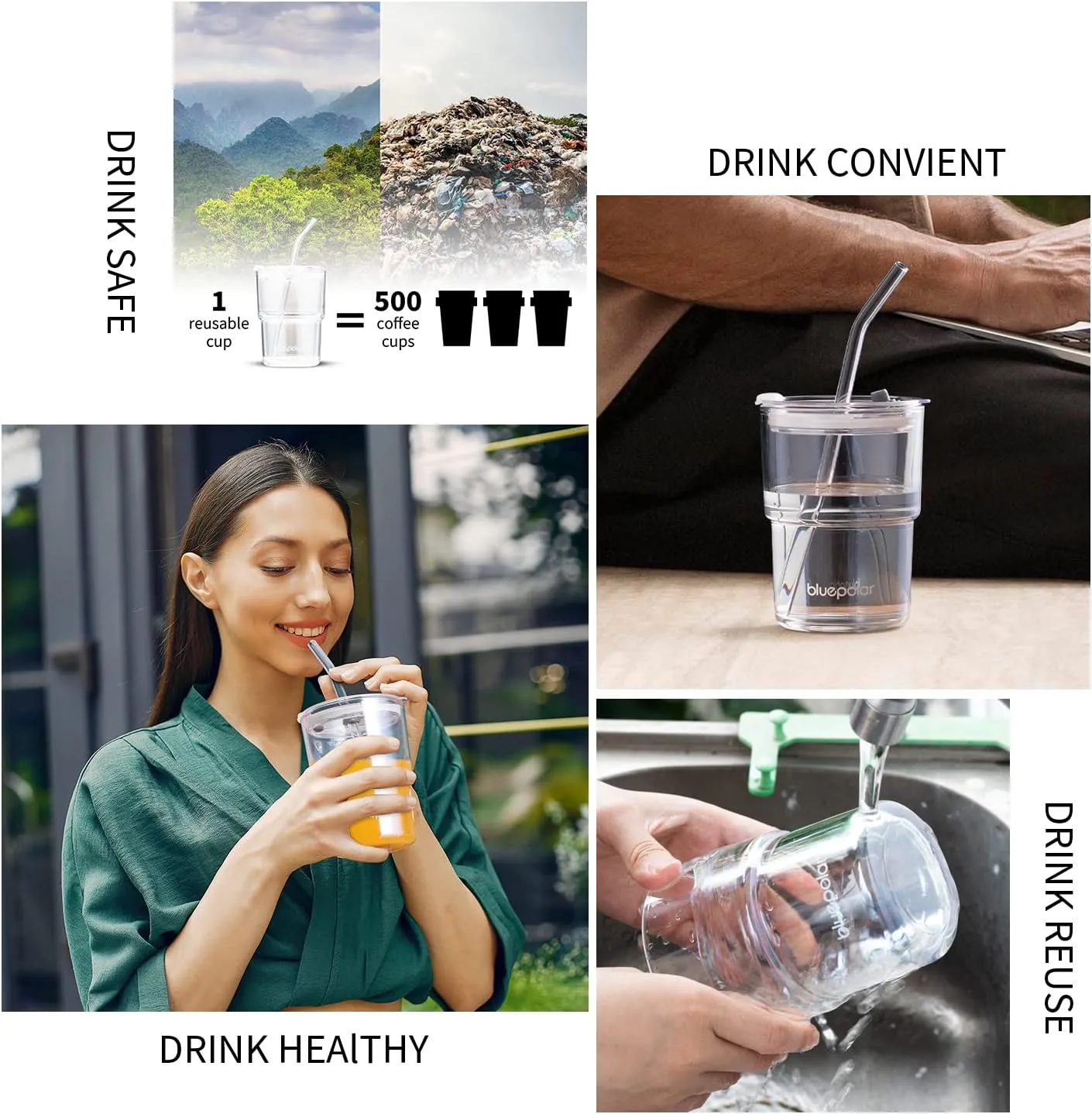 13oz/400ml Glass Water Tumbler with Straw and Lid Sealed Carry On Thick Wall Iced Coffee Cup Glass Cup for Water, Iced Tea Fruit Juice Etc(Aurora White