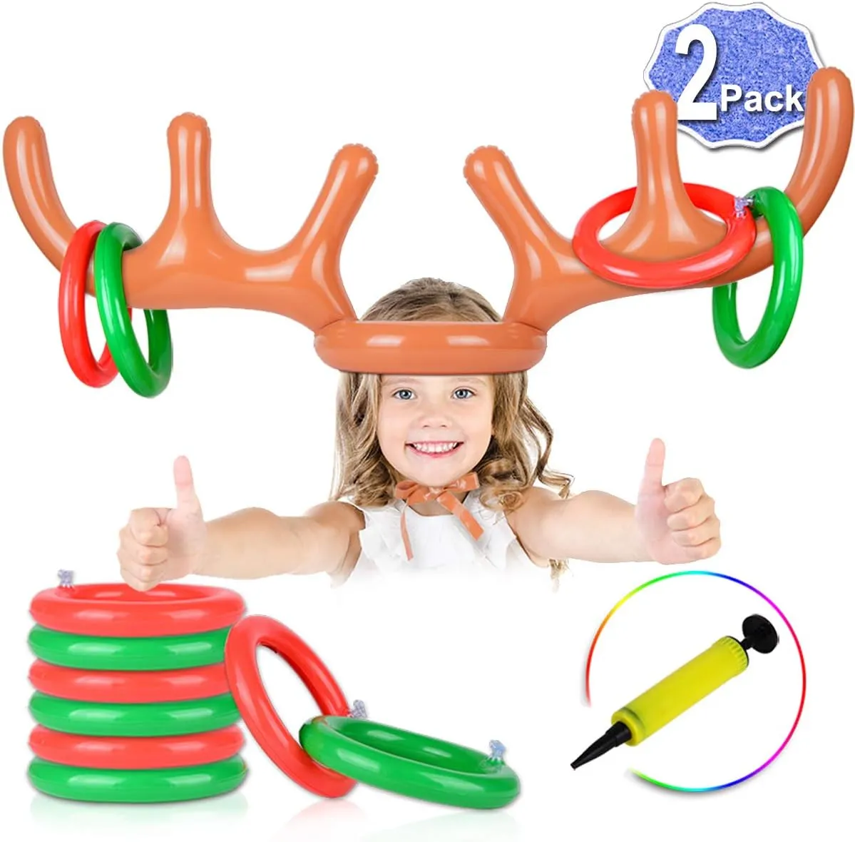 2 Set Inflatable Reindeer Ring Toss Game With Antlers and 12 Rings, Family Christmas Party Games