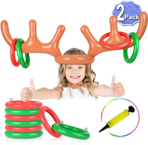2 Set Inflatable Reindeer Ring Toss Game With Antlers and 12 Rings, Family Christmas Party Games
