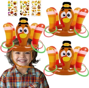 90shine 3Pcs Thanksgiving Turkey Ring Toss Games for Kids - Fall Inflatable Hat Toys with Stickers for Adults Family Activities Party Favors Indoor Outdoor