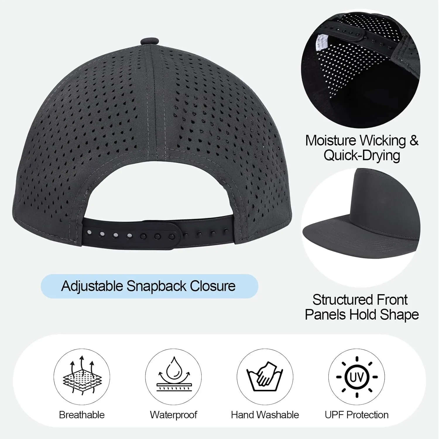 Big Head L/XXL Flat Brim Hat Adjustable Water-Resistance Performance Snapback Cap 7 Panel Hats for Men