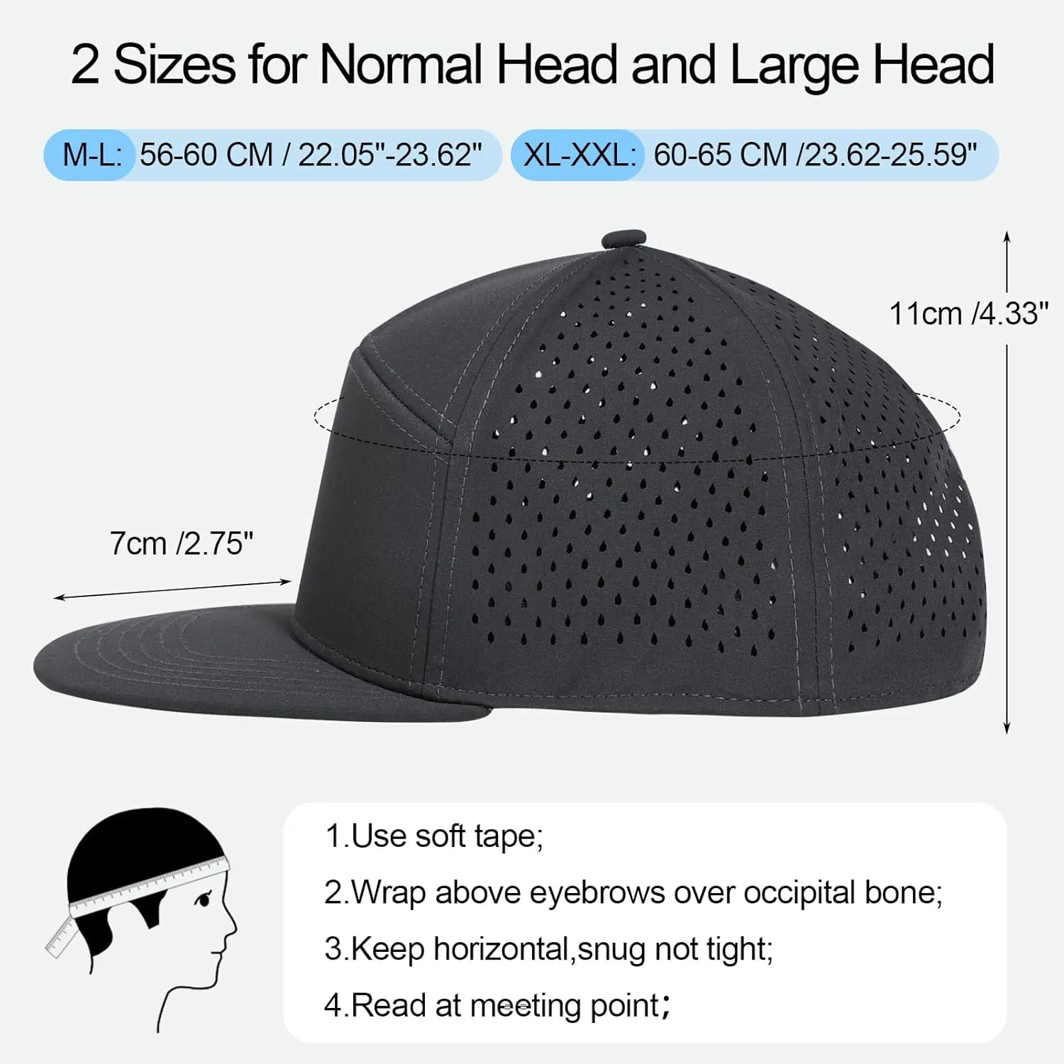 Big Head L/XXL Flat Brim Hat Adjustable Water-Resistance Performance Snapback Cap 7 Panel Hats for Men