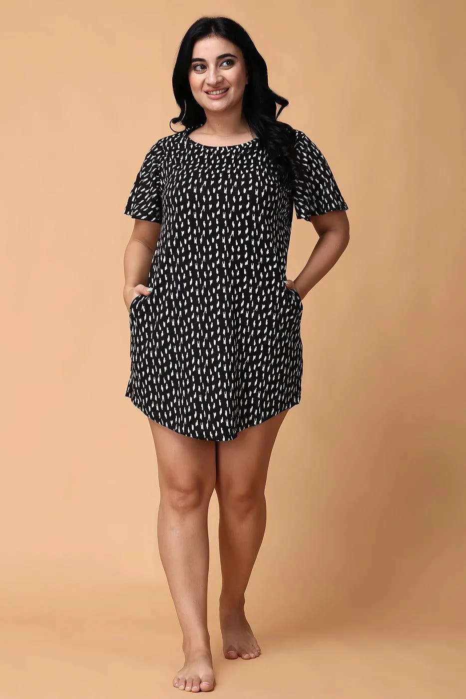 Black Dash Printed Long T-shirt Dress