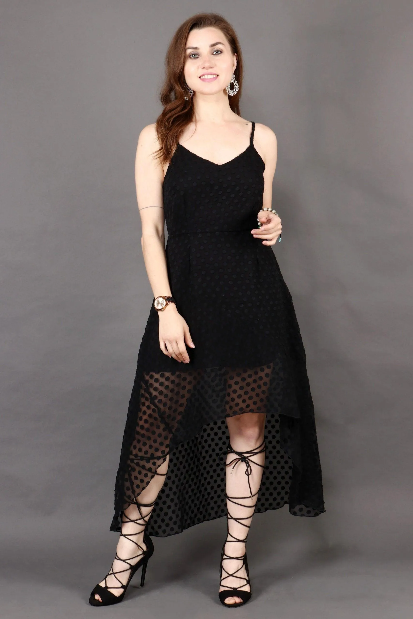 Black Dobby Asymmetric Dress