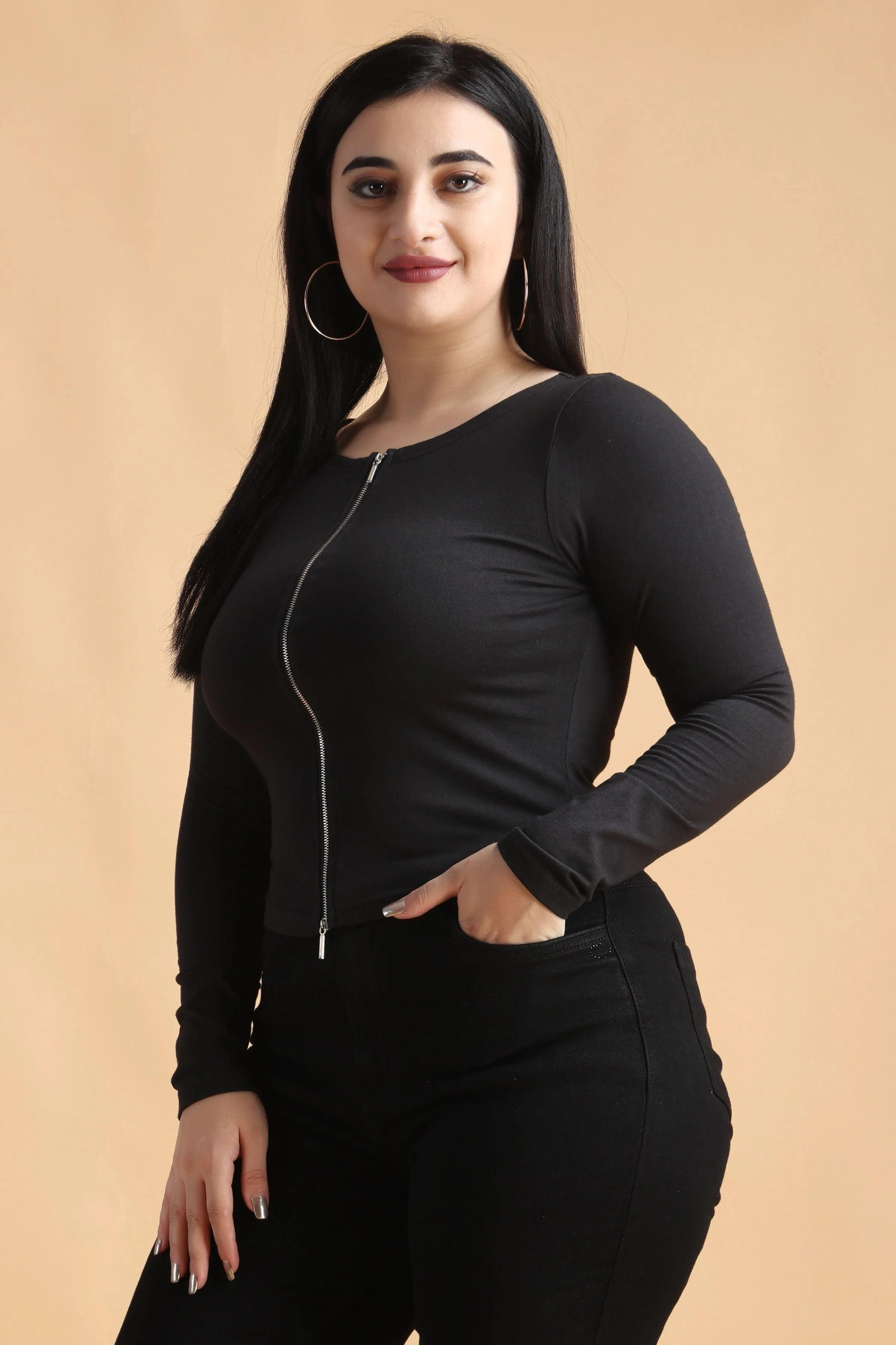 Black Solid Top with Zipper