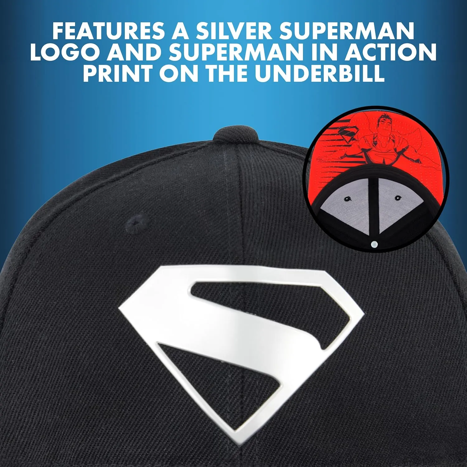 Concept One Superman Baseball Cap, Adult Snapback Hat with Flat Brim
