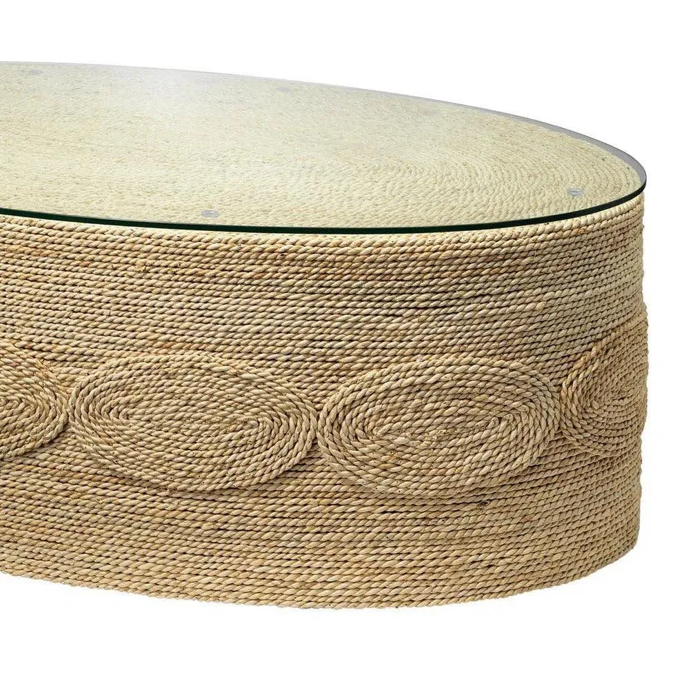 Corn Straw Rope Barbados Oval Coffee Table Glass Top