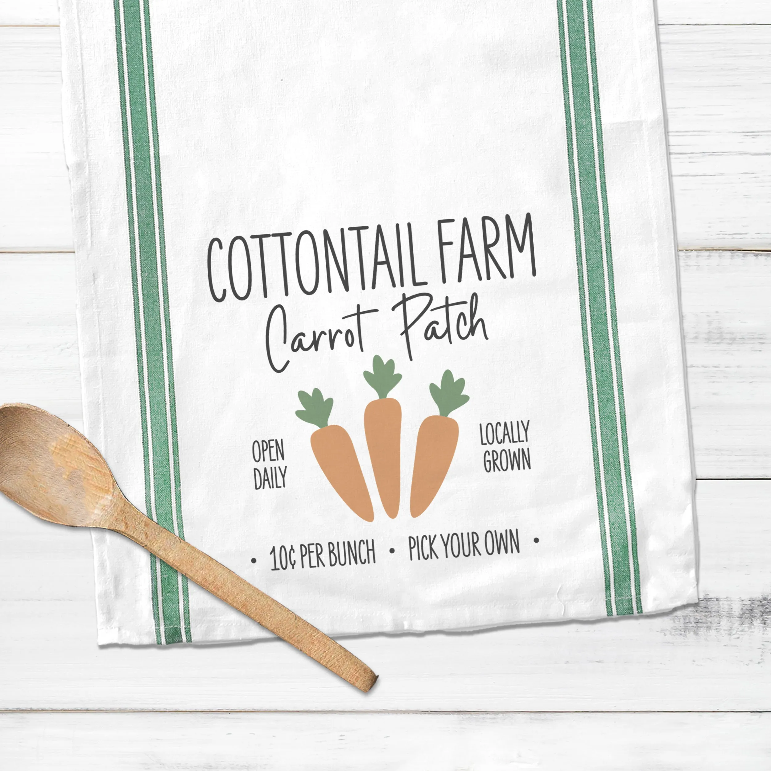 Cottontail farm cotton tea towel | green striped easter kitchen dish towel | carrot patch easter decorative spring tea towel gift