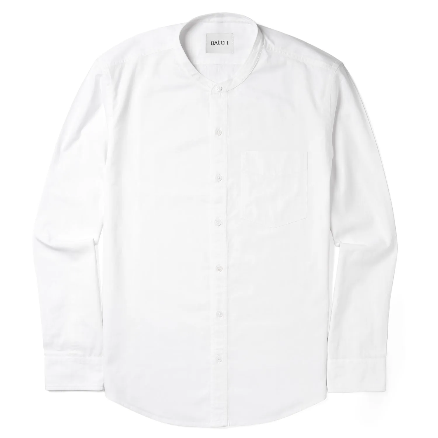 Essential Band Collar 1 Pocket Button Down Shirt - Pure White Cotton Twill