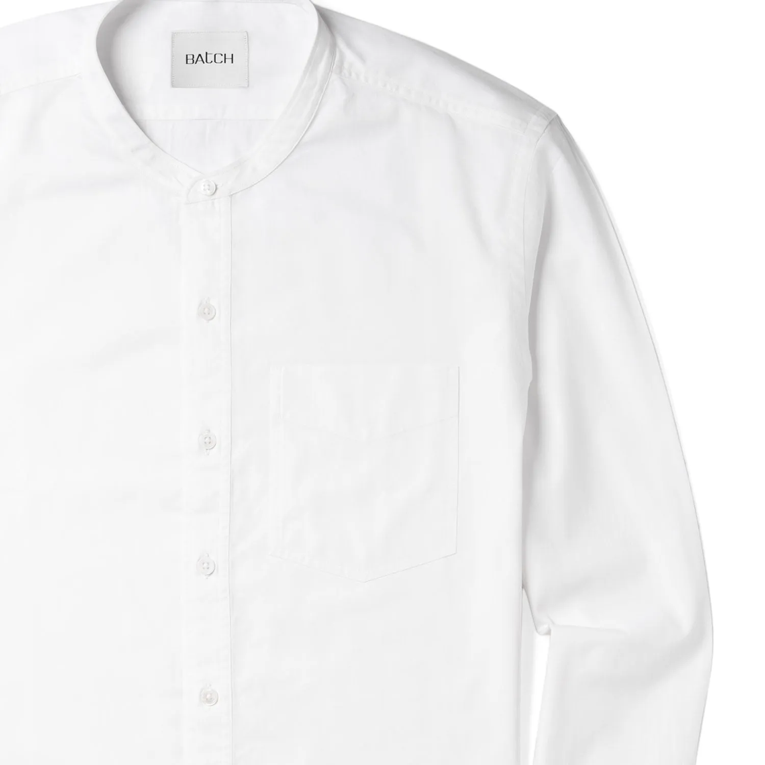 Essential Band Collar 1 Pocket Button Down Shirt - Pure White Cotton Twill