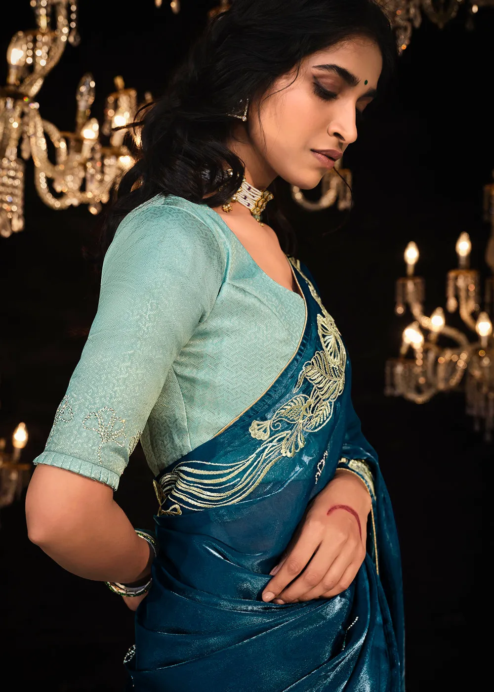 Fancy Royal Blue Embroidered Designer Wedding Wear Saree