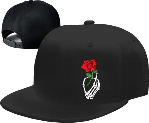 Flat Bill Hats for Men Snapback Hats Skull Skeleton Hat Flat Brim Fitted Hat Adjust Black Baseball Caps for Men