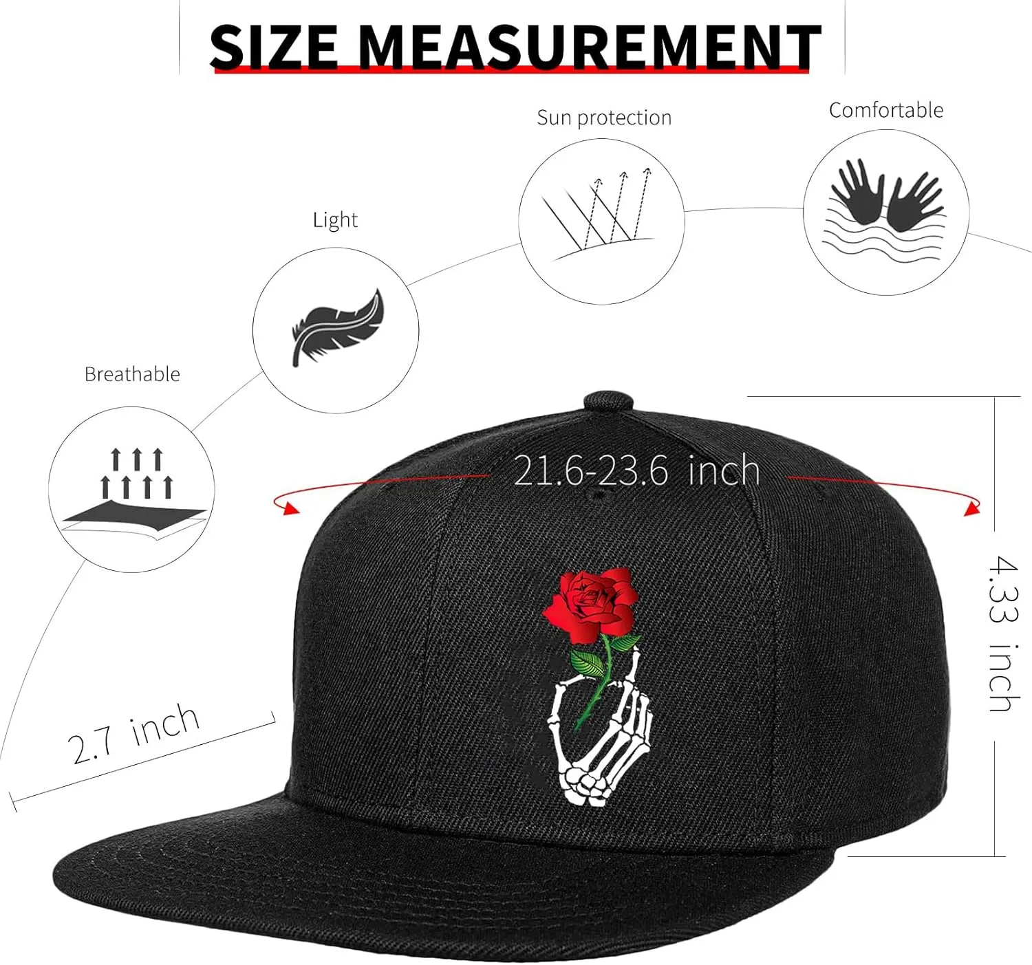 Flat Bill Hats for Men Snapback Hats Skull Skeleton Hat Flat Brim Fitted Hat Adjust Black Baseball Caps for Men