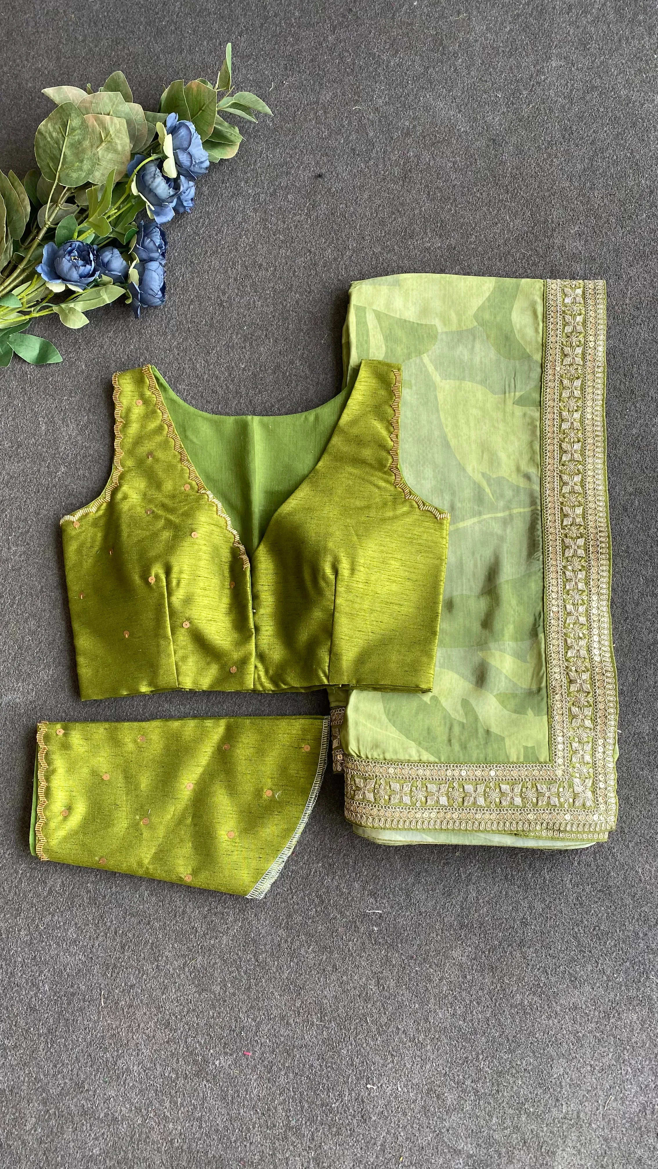 Green viscose silk saree with hand work blouse