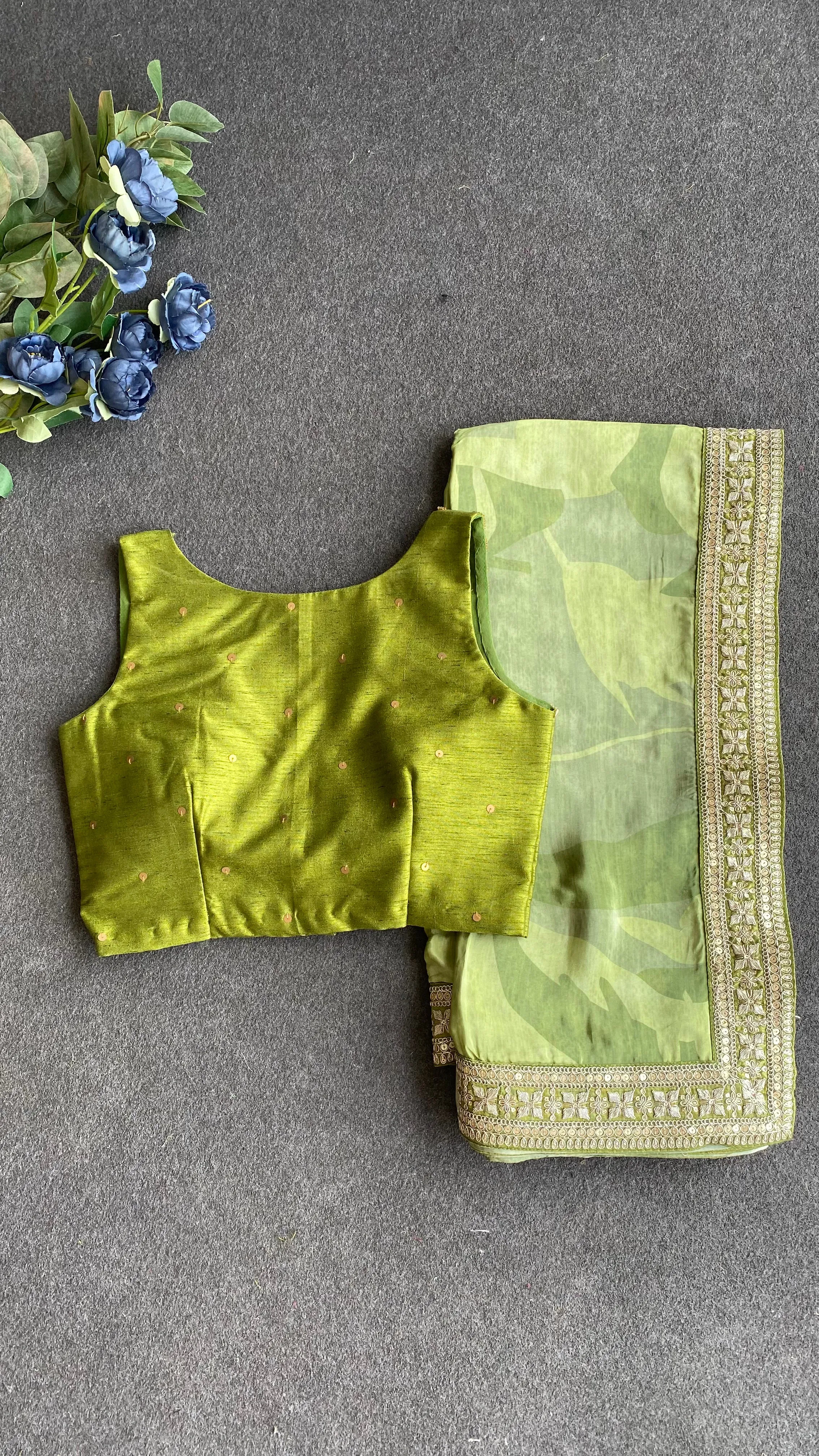 Green viscose silk saree with hand work blouse