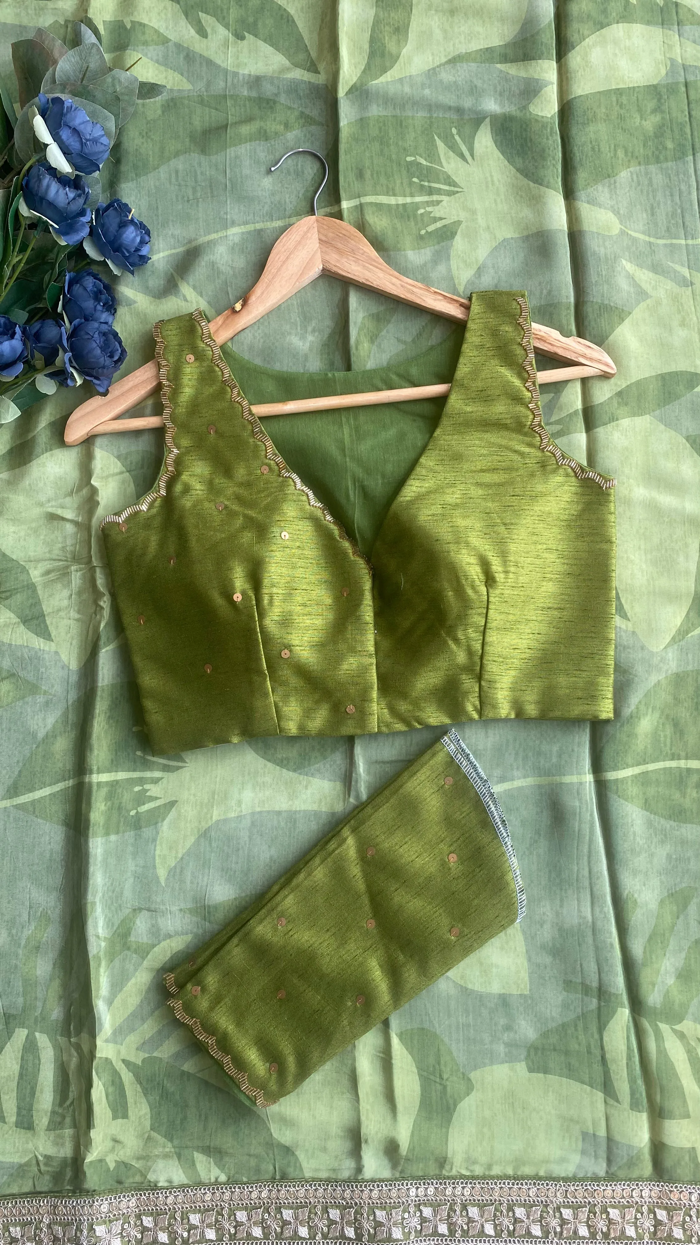 Green viscose silk saree with hand work blouse