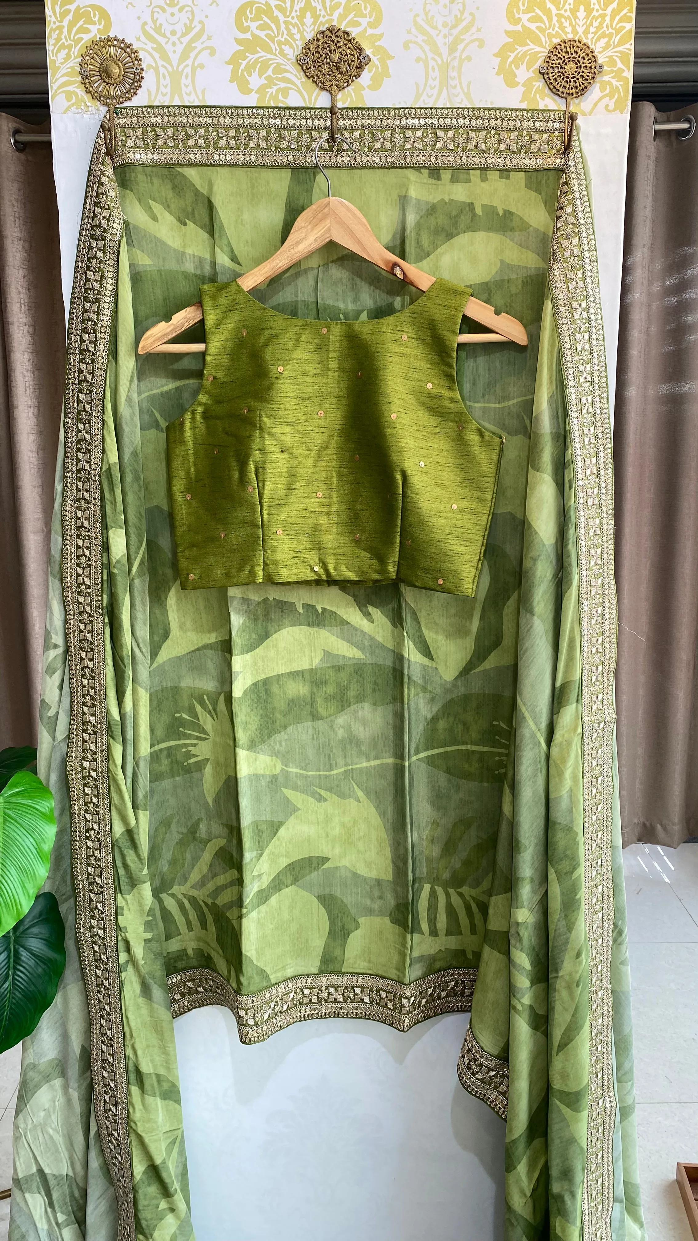 Green viscose silk saree with hand work blouse