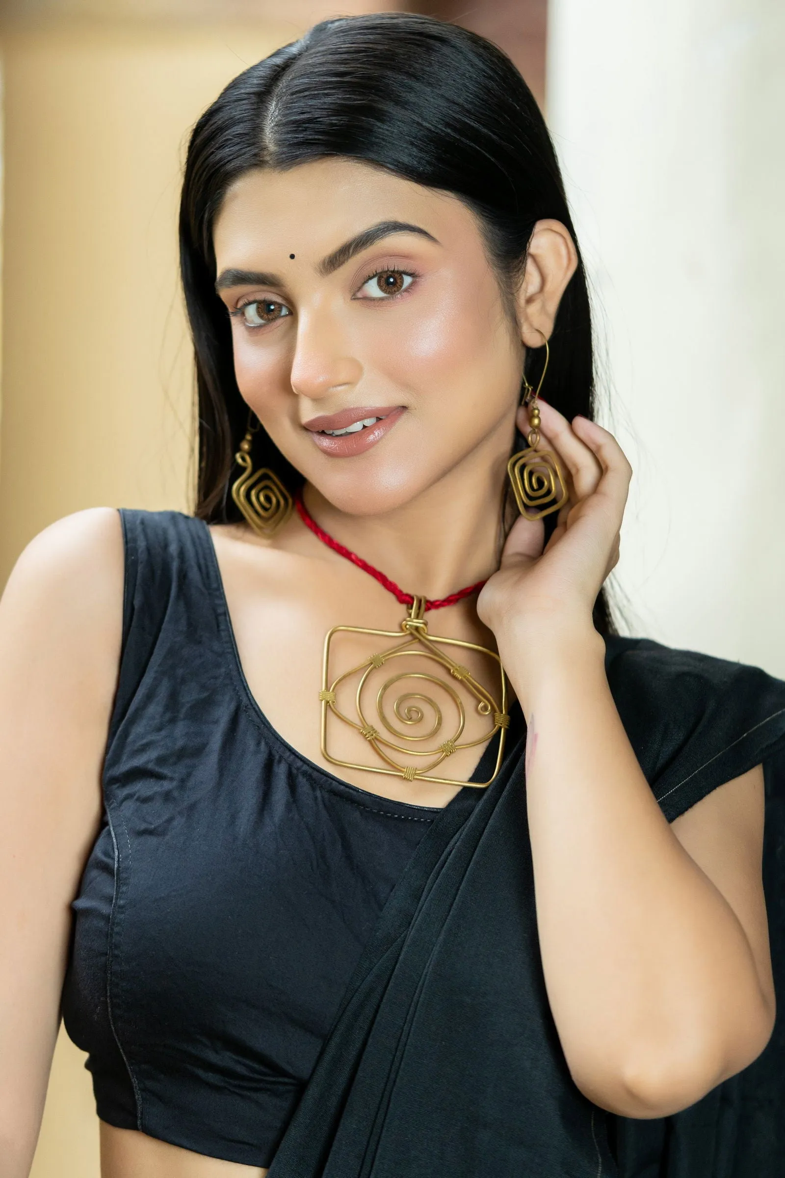 Handmade Dokra Brass Golden Square Necklace Set with Adjustable Red Dori & Earrings