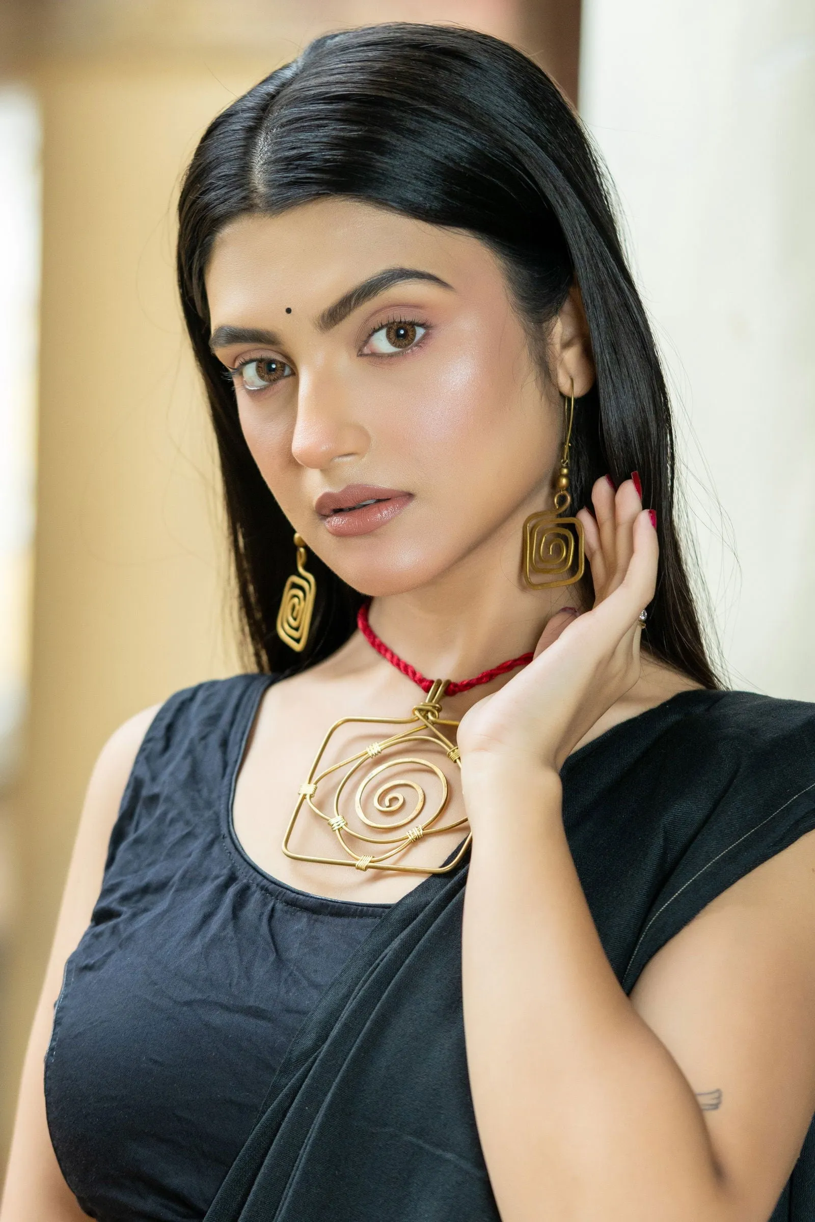Handmade Dokra Brass Golden Square Necklace Set with Adjustable Red Dori & Earrings