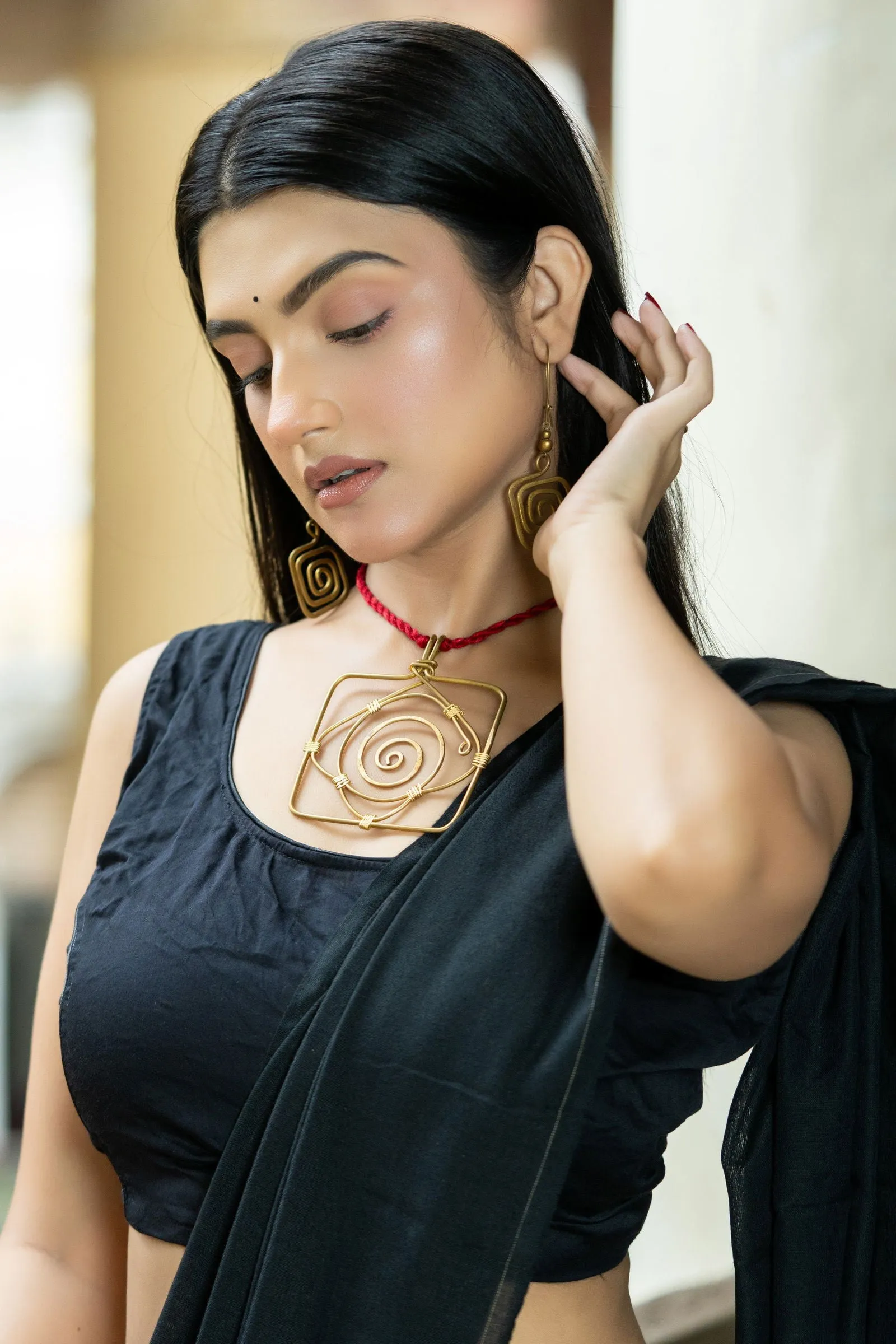 Handmade Dokra Brass Golden Square Necklace Set with Adjustable Red Dori & Earrings