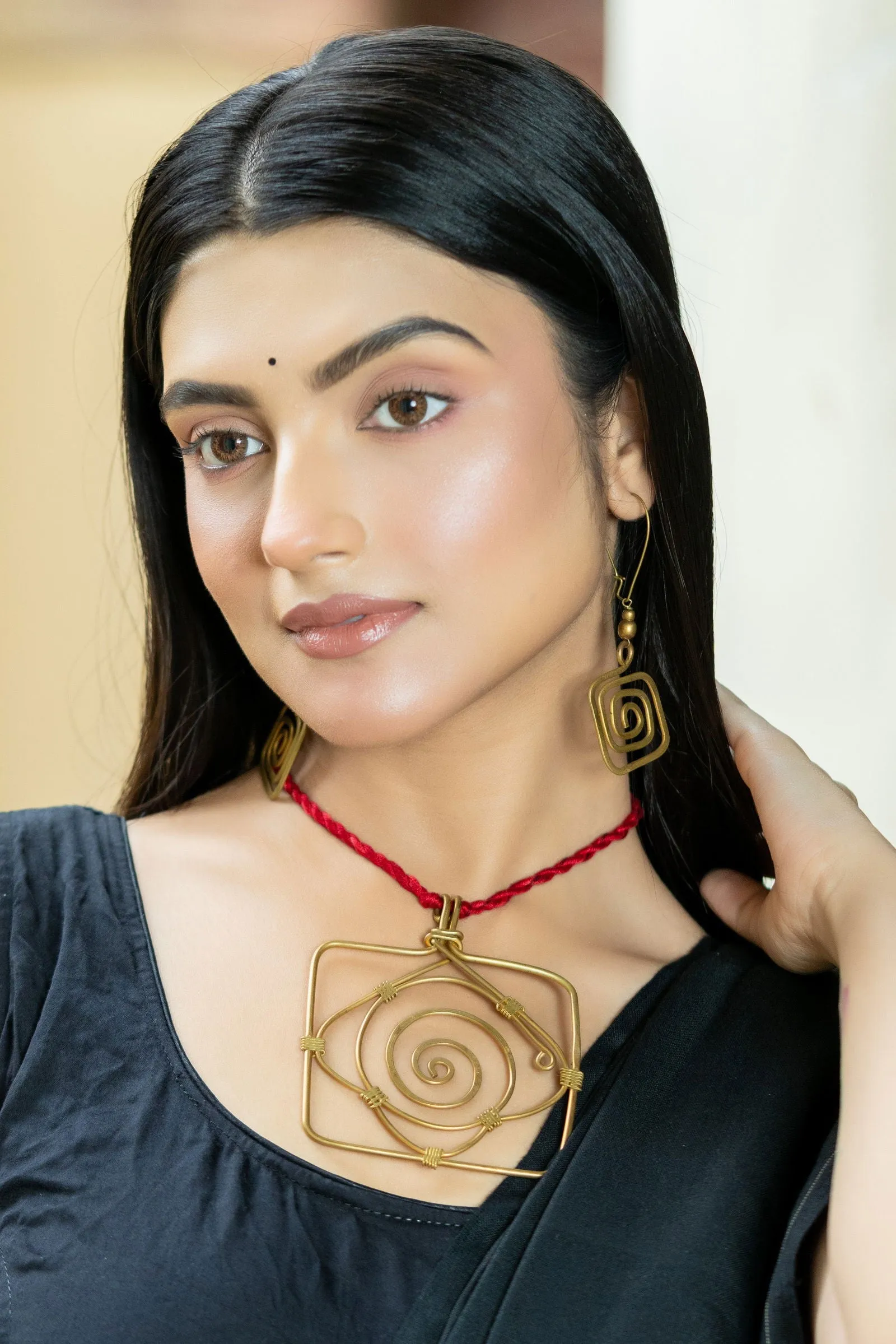 Handmade Dokra Brass Golden Square Necklace Set with Adjustable Red Dori & Earrings