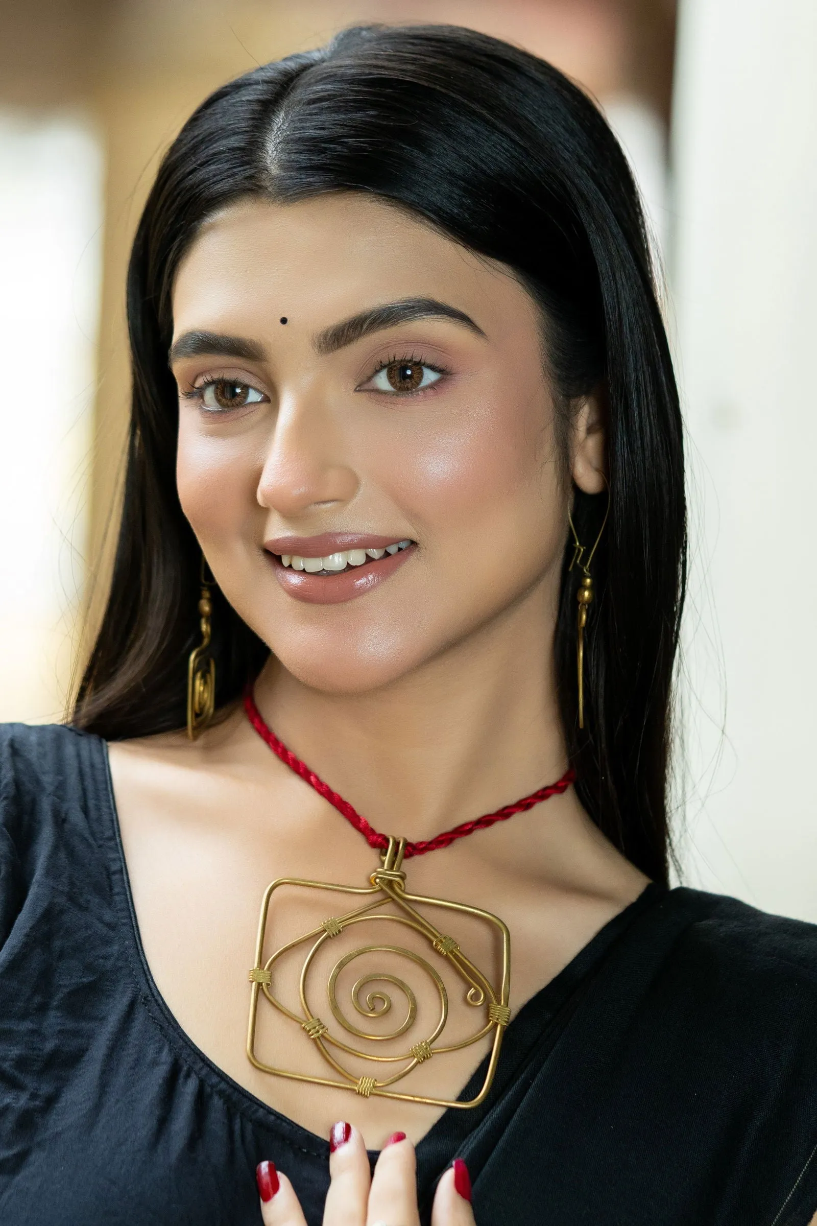 Handmade Dokra Brass Golden Square Necklace Set with Adjustable Red Dori & Earrings