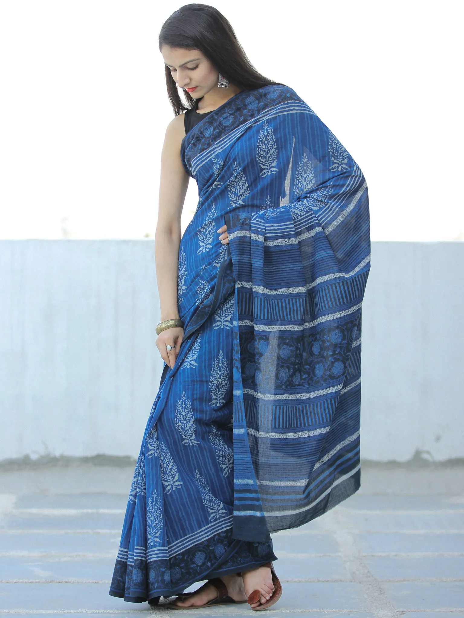 Indigo White Black Hand Block Printed  Cotton Mul Saree - S031703978