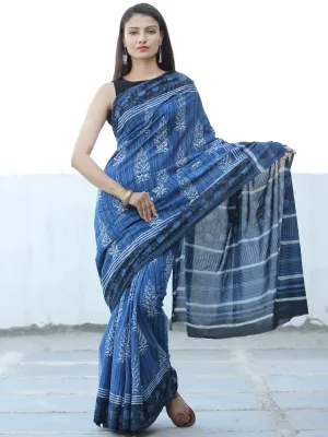 Indigo White Black Hand Block Printed  Cotton Mul Saree - S031703978