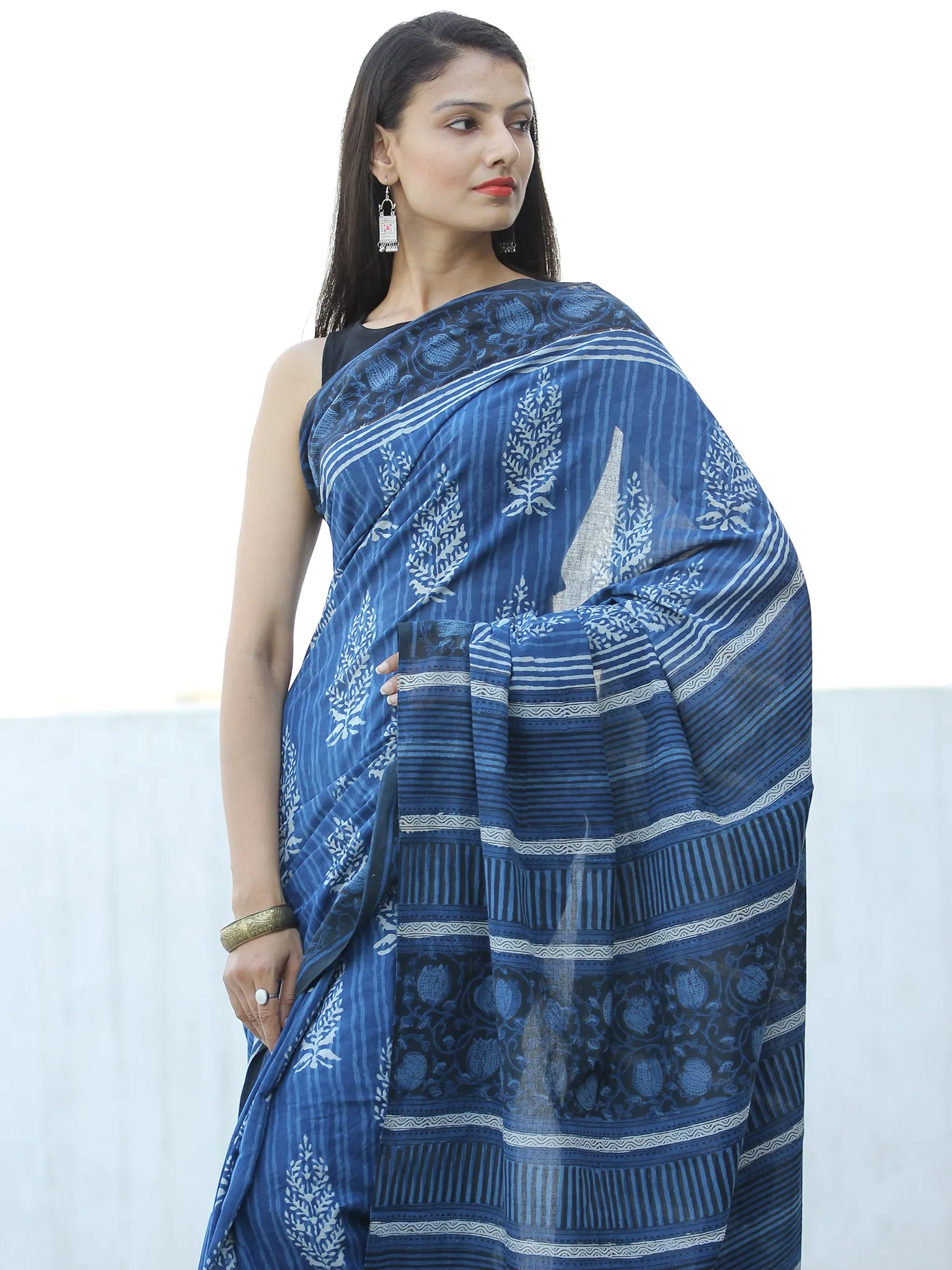 Indigo White Black Hand Block Printed  Cotton Mul Saree - S031703978