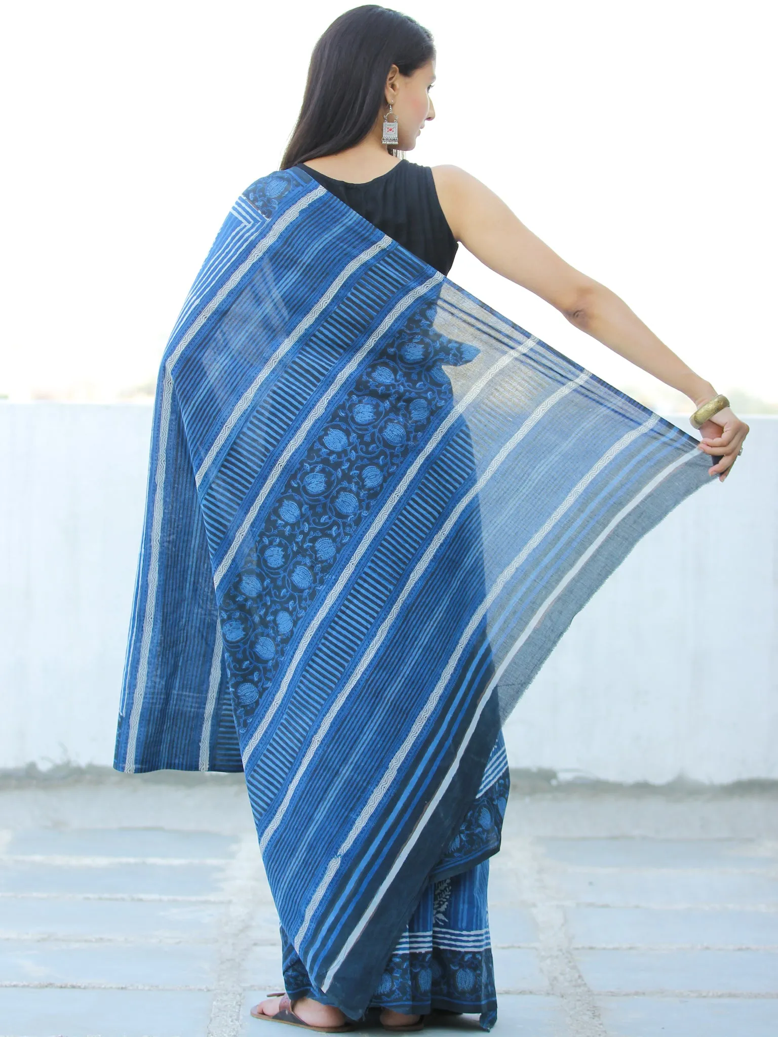 Indigo White Black Hand Block Printed  Cotton Mul Saree - S031703978