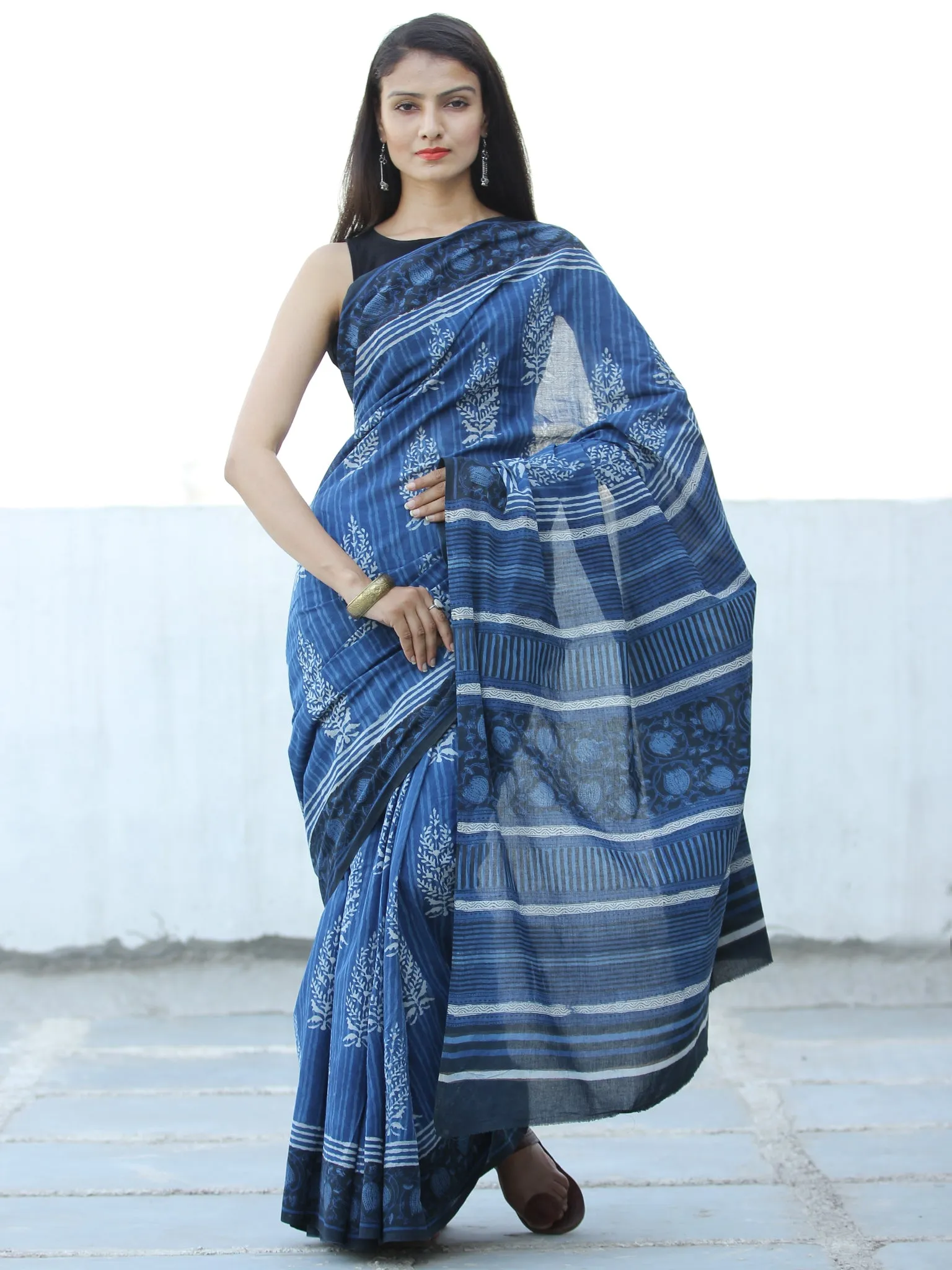 Indigo White Black Hand Block Printed  Cotton Mul Saree - S031703978