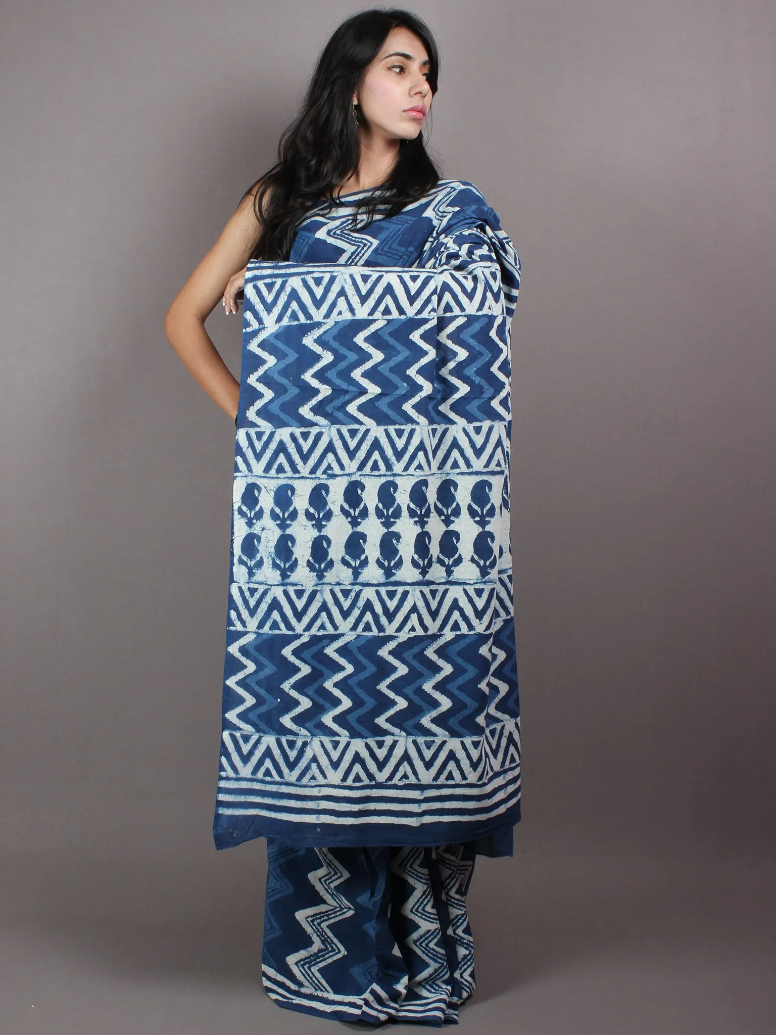 Indigo White Hand Block Printed in Natural Colors Cotton Mul Saree - S03170423