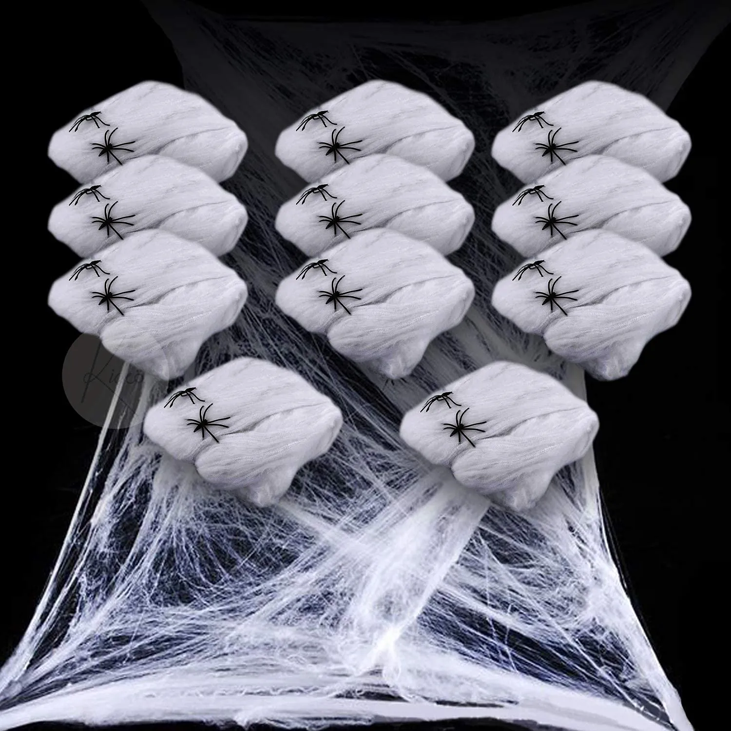 Kicko 12 Pack Stretchable Spider Web with Plastic Spiders - Stretches Over 800 Square Feet