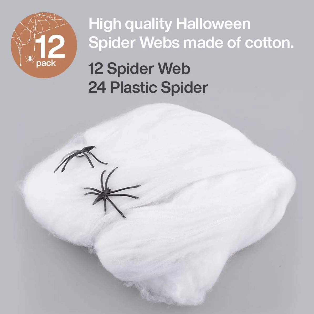 Kicko 12 Pack Stretchable Spider Web with Plastic Spiders - Stretches Over 800 Square Feet
