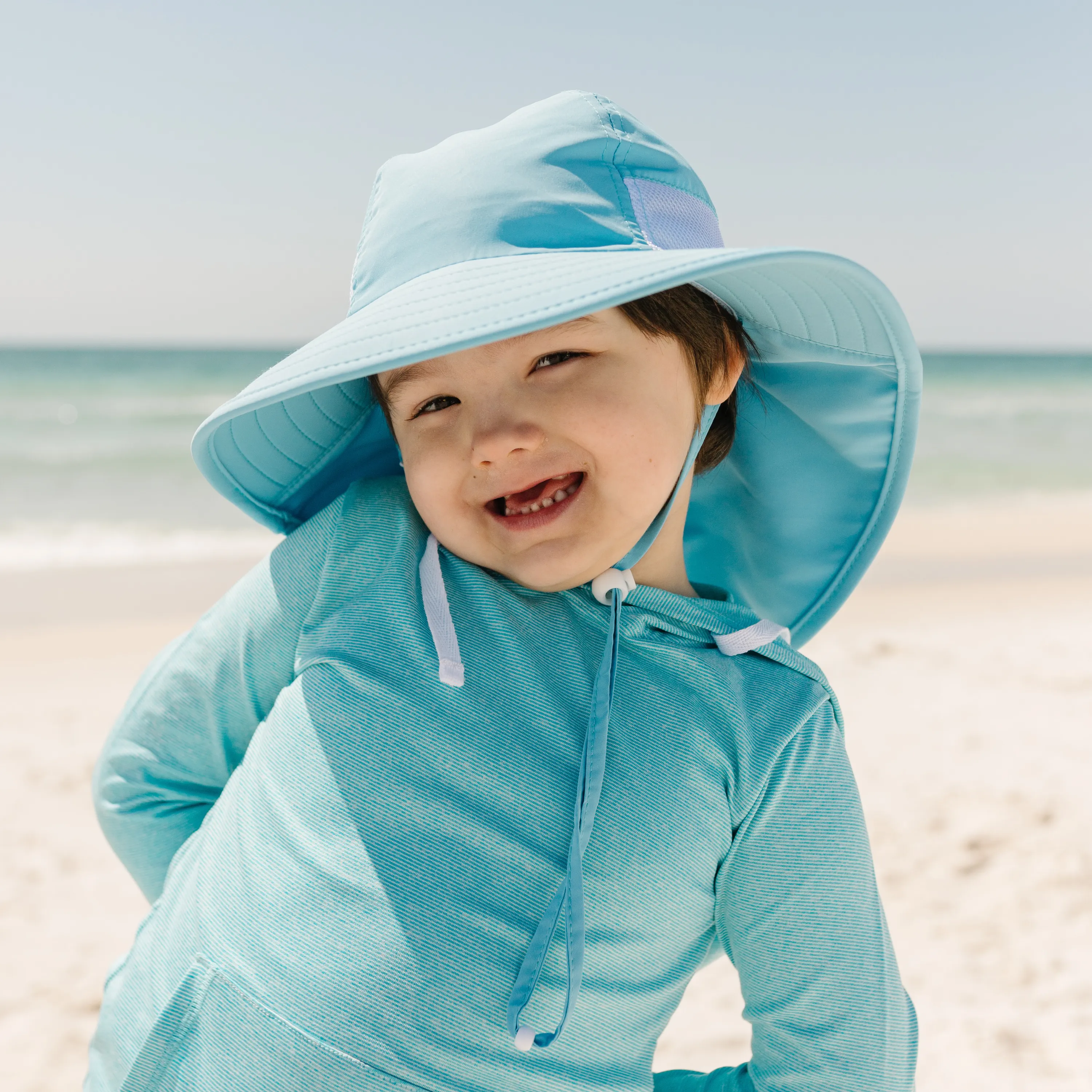 Kids Wide Brim   Flap Neck Sun Protective Adventure Hat - Aqua Sky