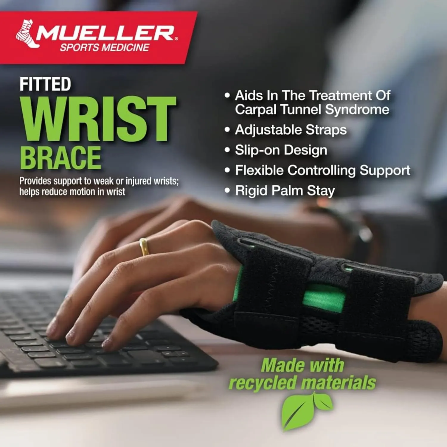 MUELLER Sports Medicine Green Fitted Wrist Brace for Men and Women, Support and Compression for Carpal Tunnel Syndrome, Tendinitis, and Arthritis