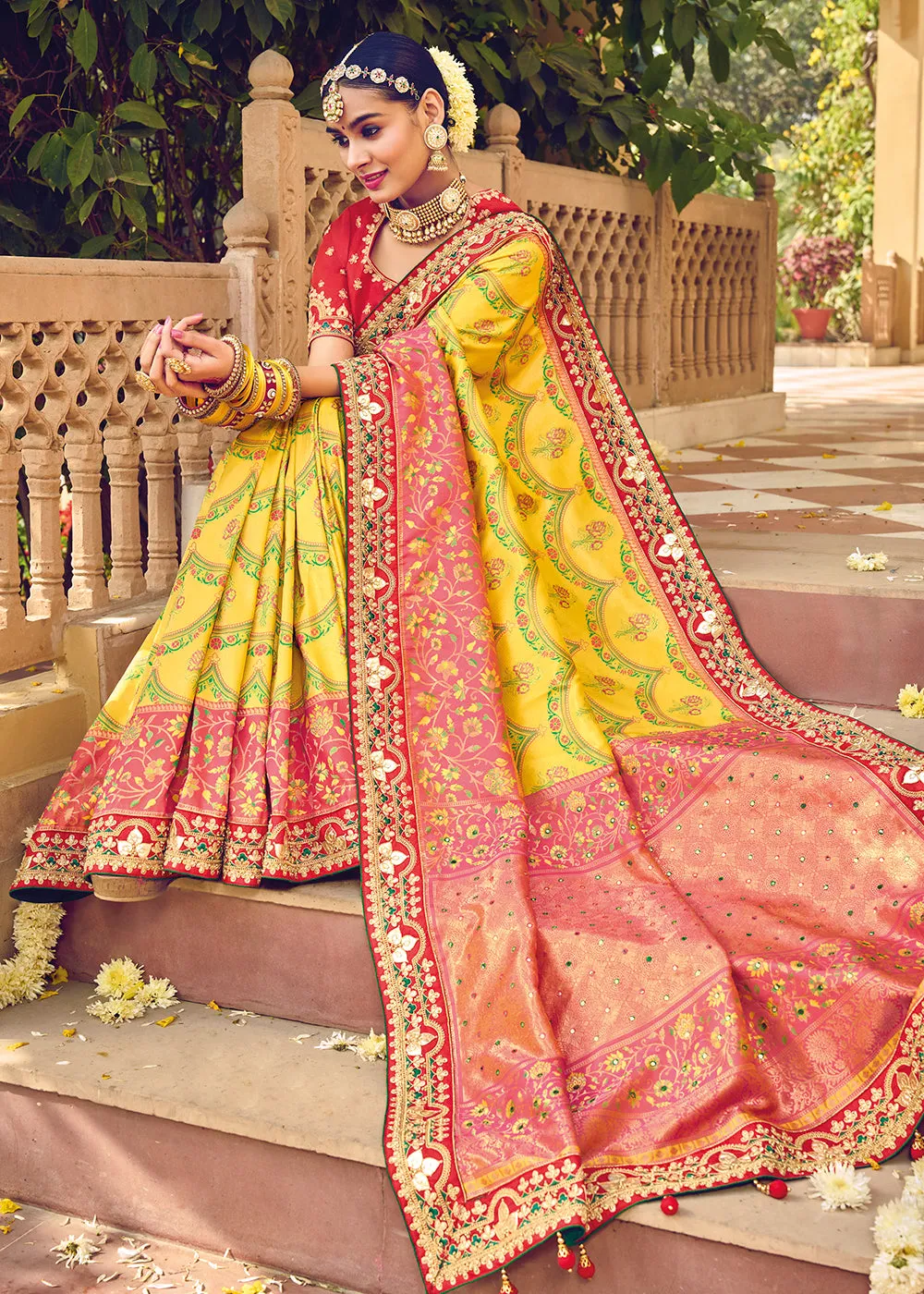 Patna Patola Pure Silk Yellow & Red Wedding Traditional Saree