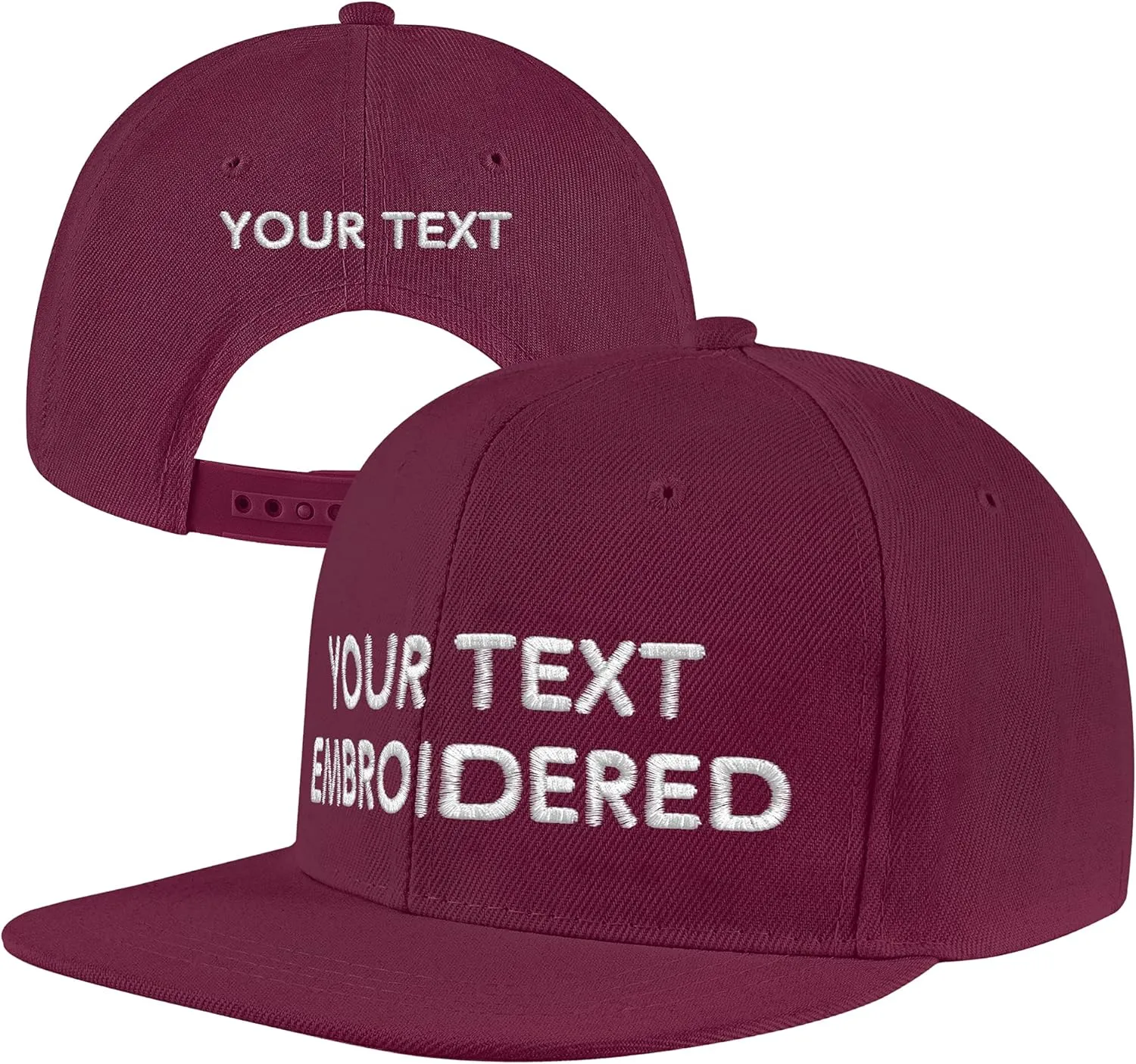 Pranboo Custom Text Snapback Hat/Cap | Embroidered Front & Back | Personalized Flat Brim Hats