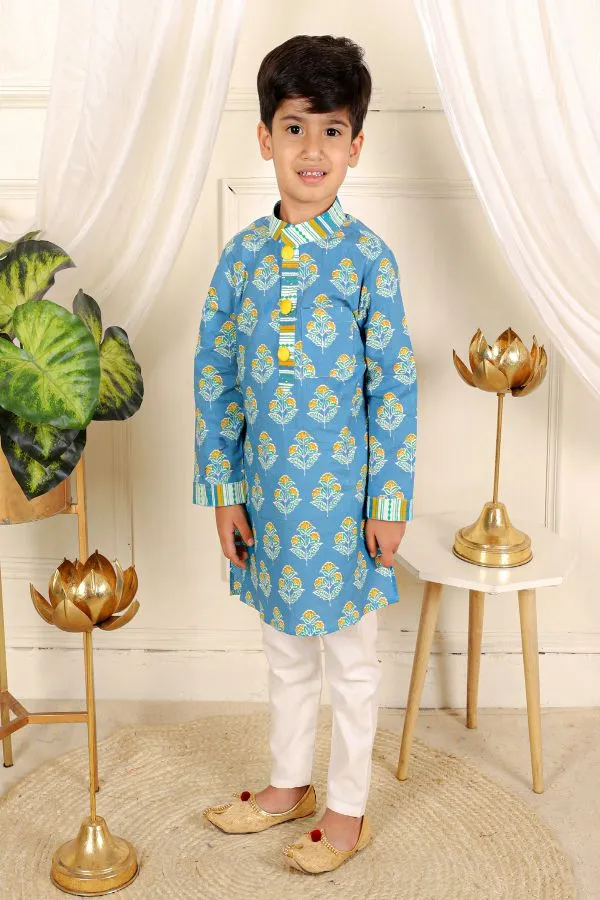 Pure Cotton Patch Pocket Detail Ink Blue Kurta And White Pyjama