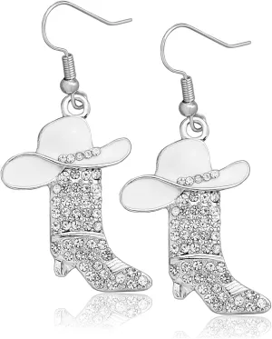 RechicGu Rhinestone Western Boots Earrings Cowgirl Cowboy Enamel Hat Bohemian Rodeo Boot Drop Dangle Earrings for Women