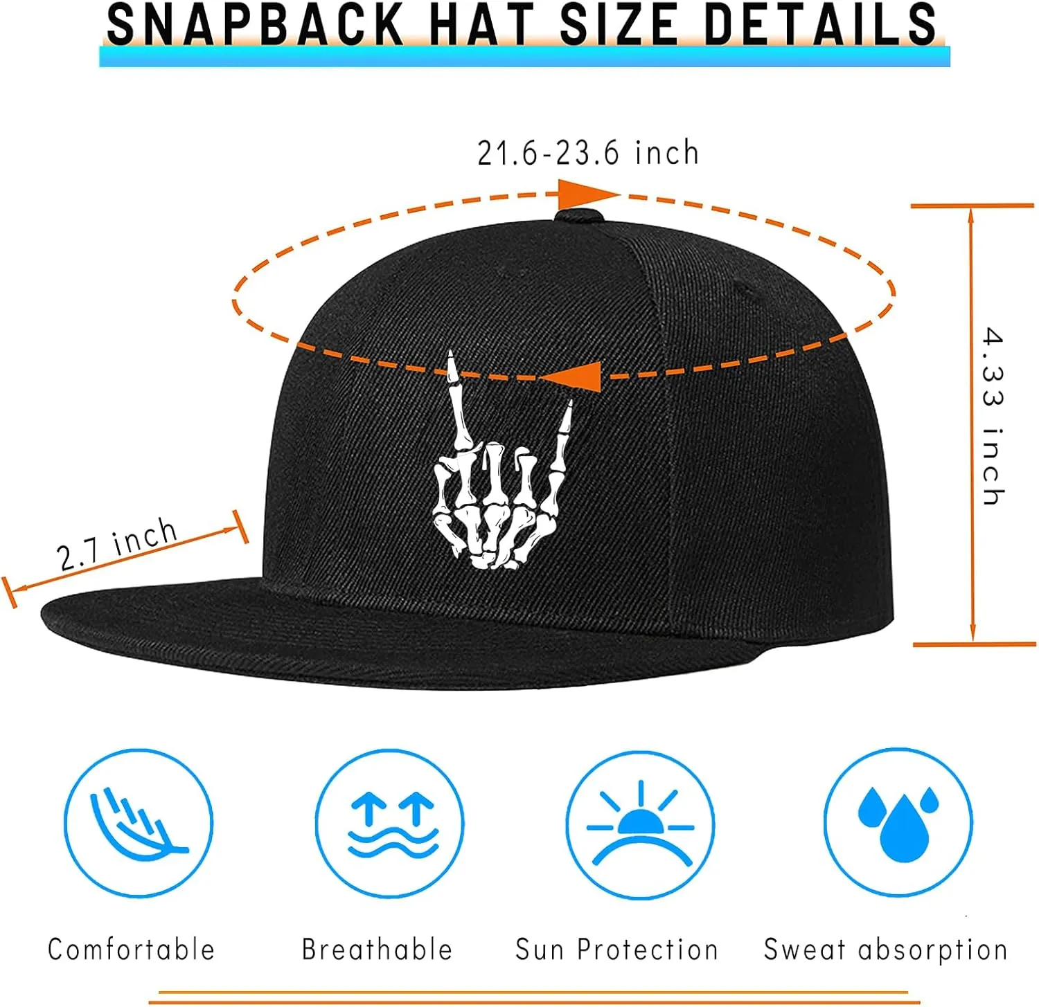 Skull Hat Snapback Hats for Men Flat Bill Hats for Men Fitted Hat Adjustable Black Baseball Hats