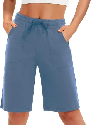 SPECIALMAGIC Cotton Sweat Shorts with Pockets for Women 10" Athletic Lounge Sports Workout Bermuda Knee Shorts