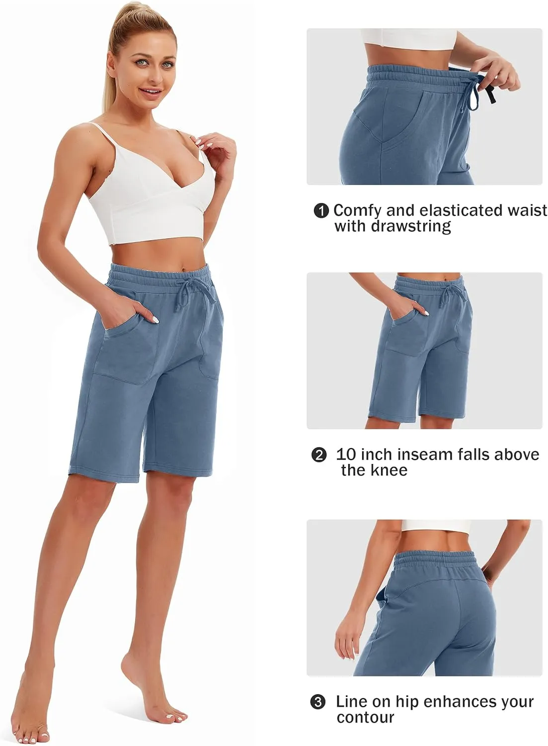 SPECIALMAGIC Cotton Sweat Shorts with Pockets for Women 10" Athletic Lounge Sports Workout Bermuda Knee Shorts