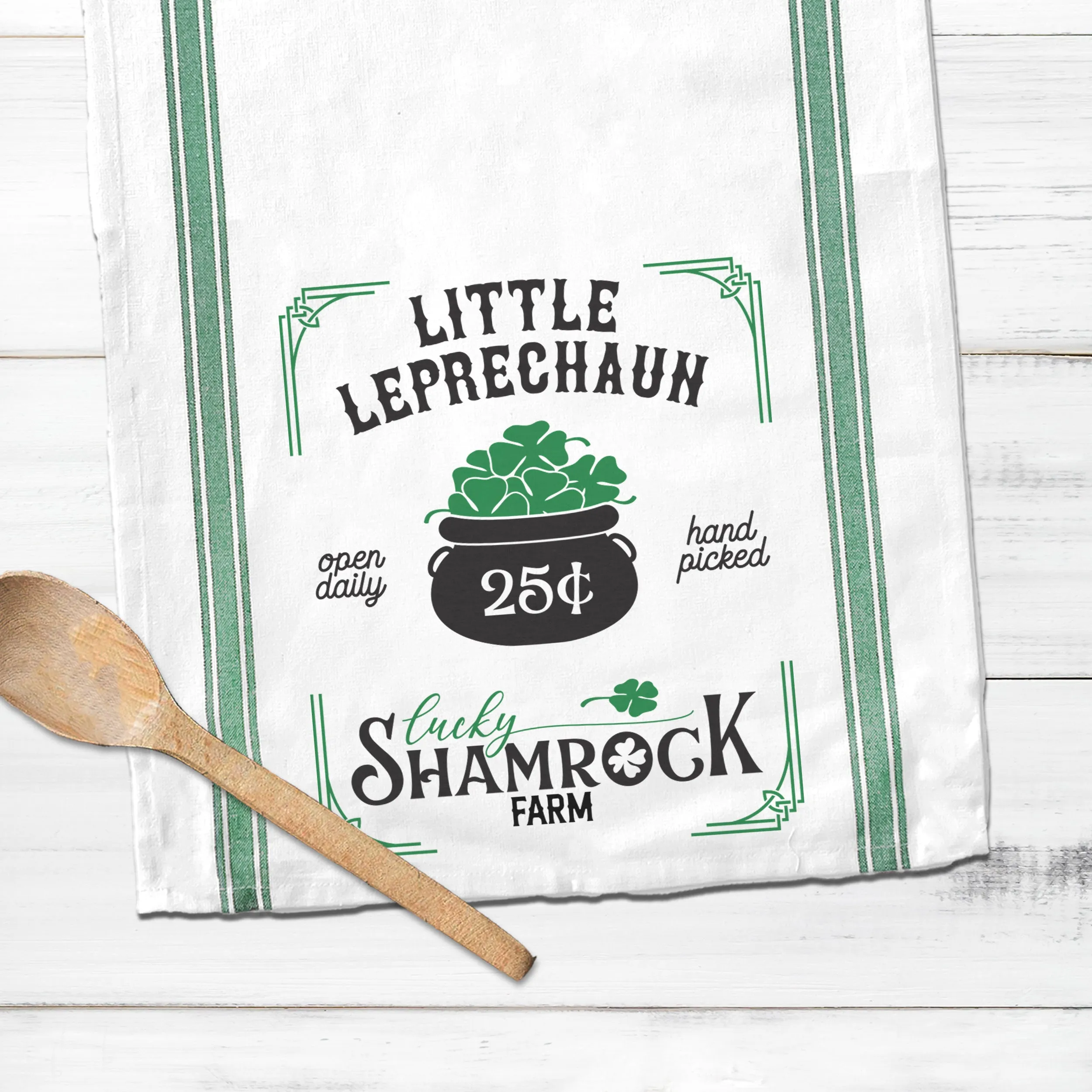 St Patrick's Day cotton tea towel | Green Stripe little leprechaun kitchen dish towel | irish st pats lucky shamrock farm decorative tea towel