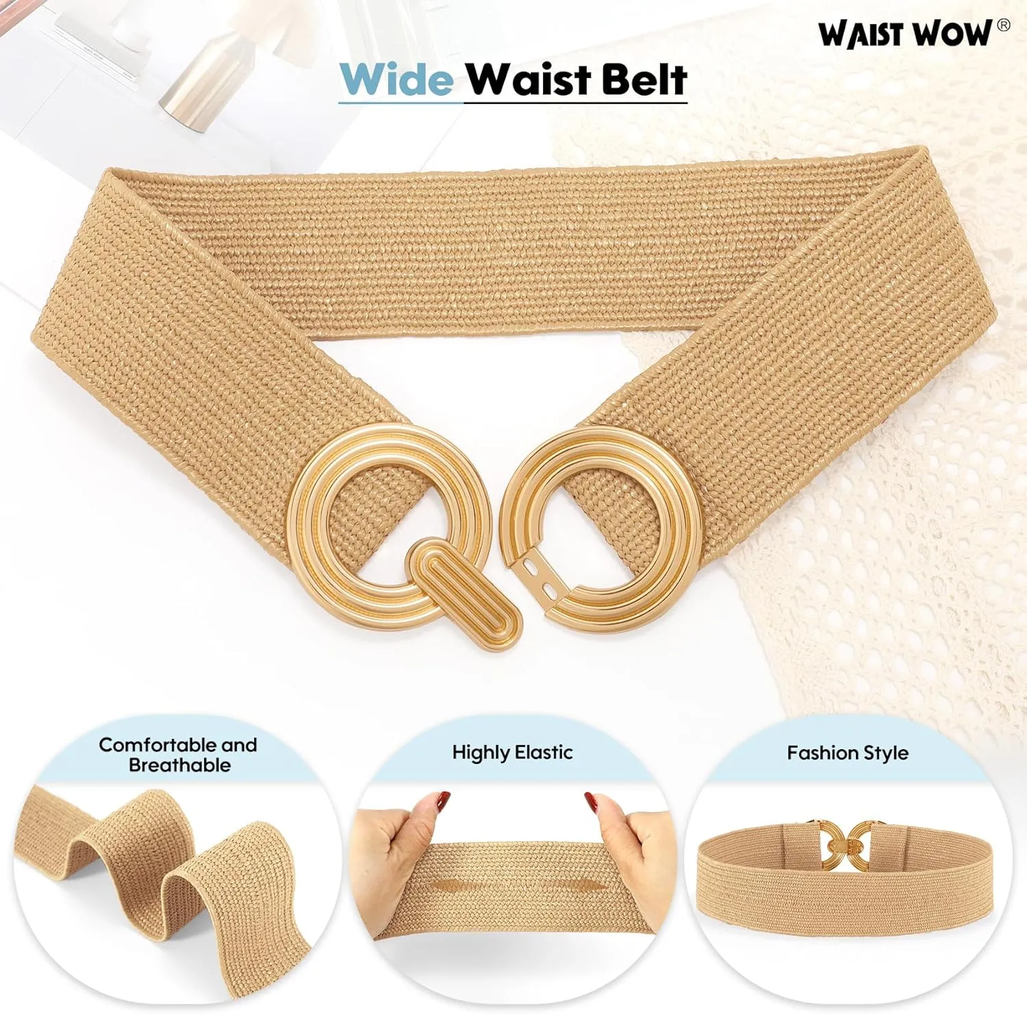 Straw Woven Elastic Belt for Women Fashion Wide Belts Stretchy Boho Belt Ladies Beach Dress Belt with Gold Buckle